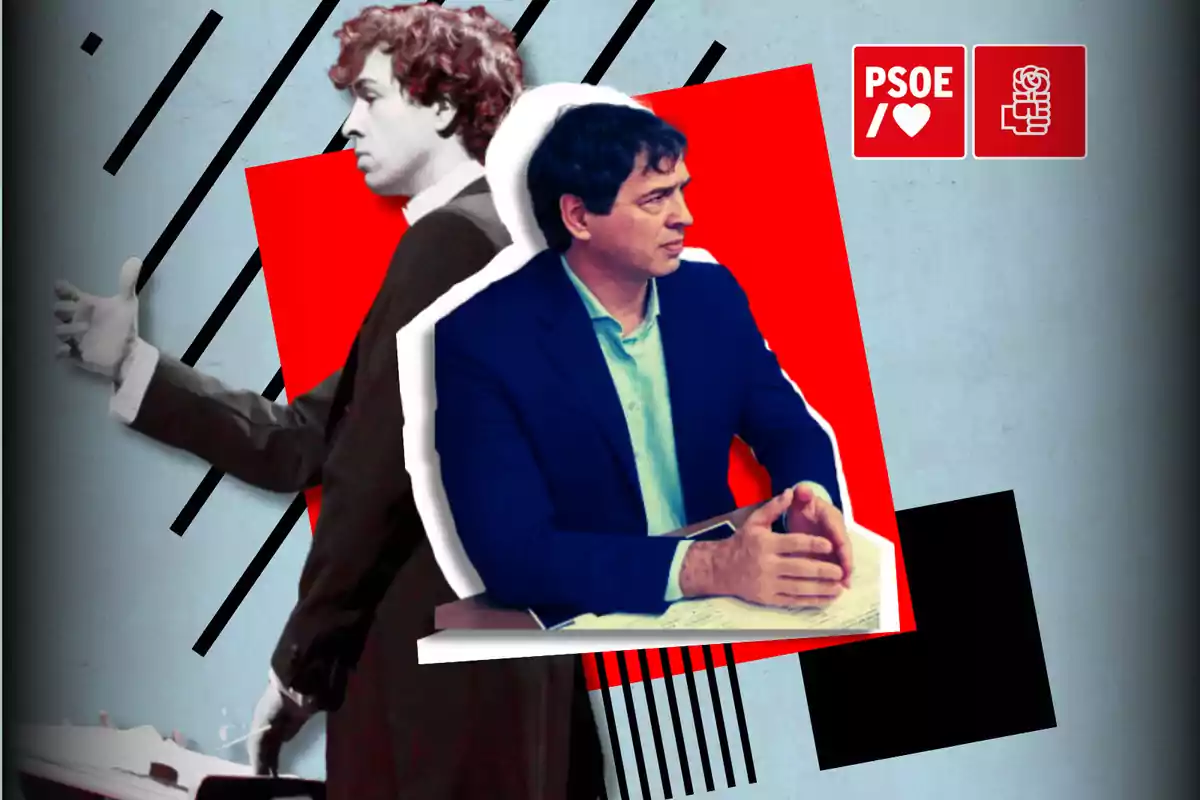 Un collage con dos hombres, uno en blanco y negro de perfil con traje y otro en color sentado con chaqueta azul, sobre un fondo con formas geométricas y los logotipos del PSOE en la esquina superior derecha.