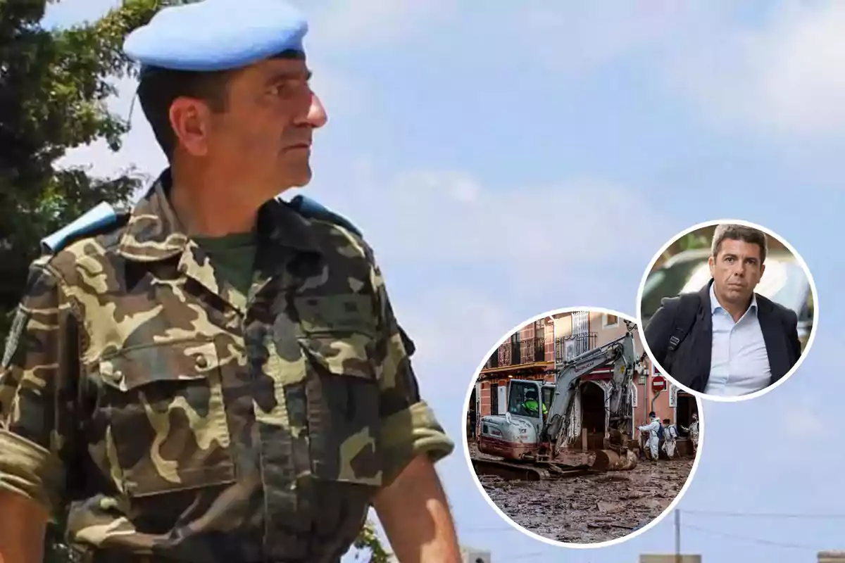 Un hombre con uniforme militar y boina azul está de pie al aire libre, con dos imágenes superpuestas que muestran una excavadora en una calle inundada y un hombre con traje.