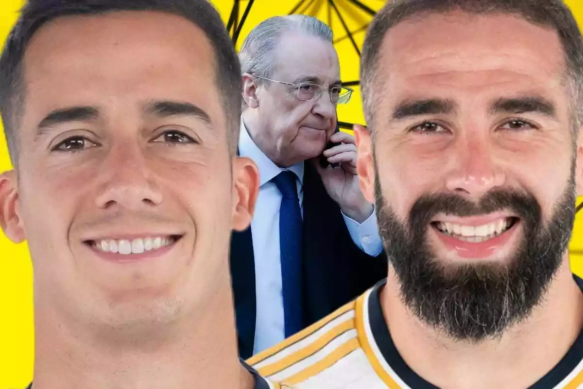 Lucas Vázquez y Dani Carvajal en primer plano, con Florentino Pérez hablando por teléfono al fondo