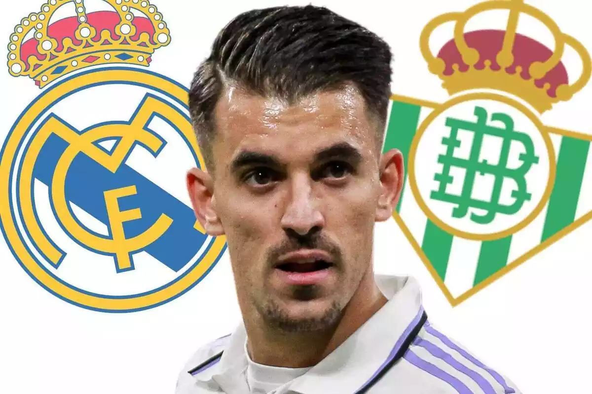 Primer plano de Dani Ceballos y de fondo los escudos del Real Madrid y el Betis