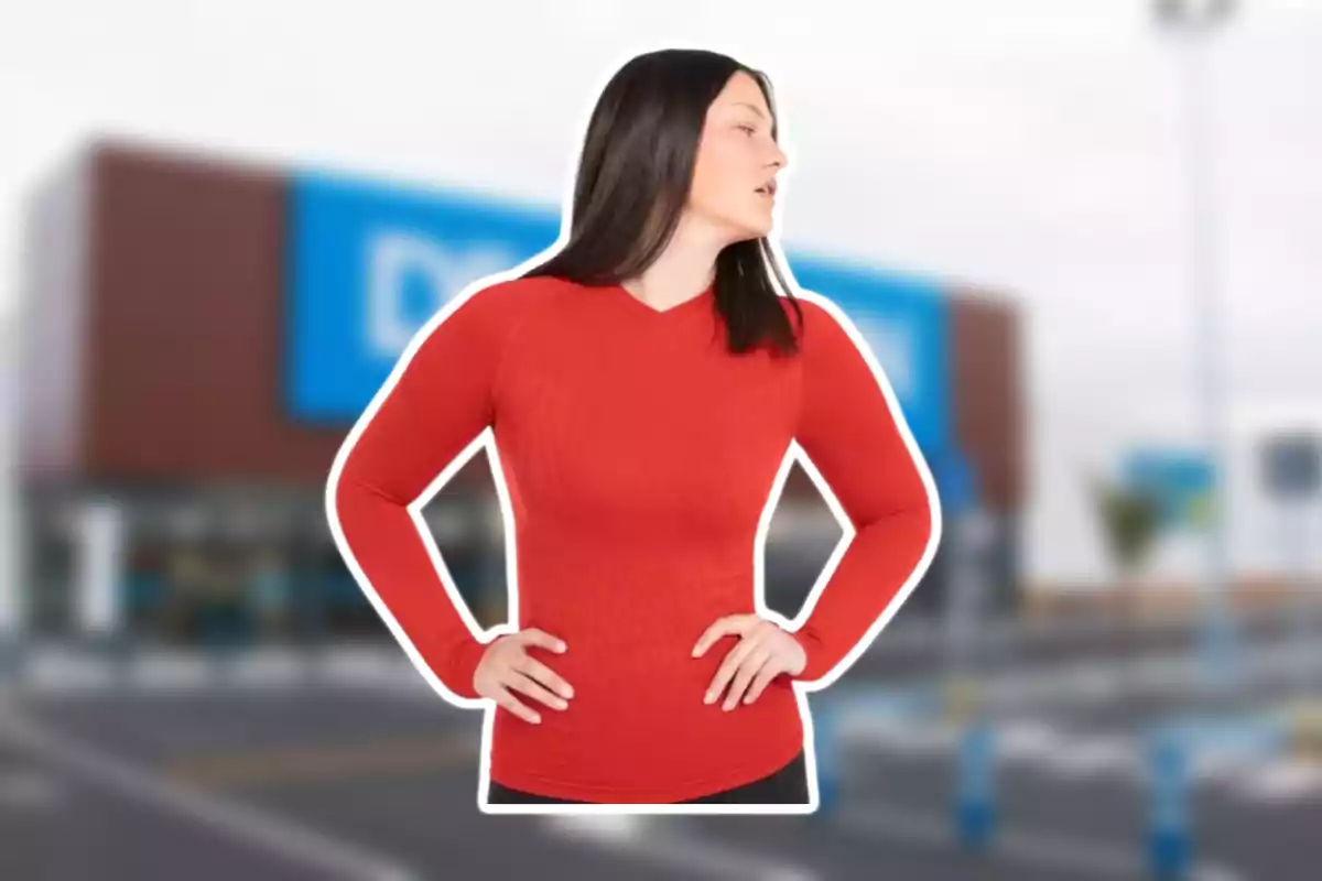 Mujer con camiseta roja de pie con las manos en la cintura frente a un edificio borroso. Mujer con camiseta roja de pie con las manos en la cintura frente a un edificio borroso.
