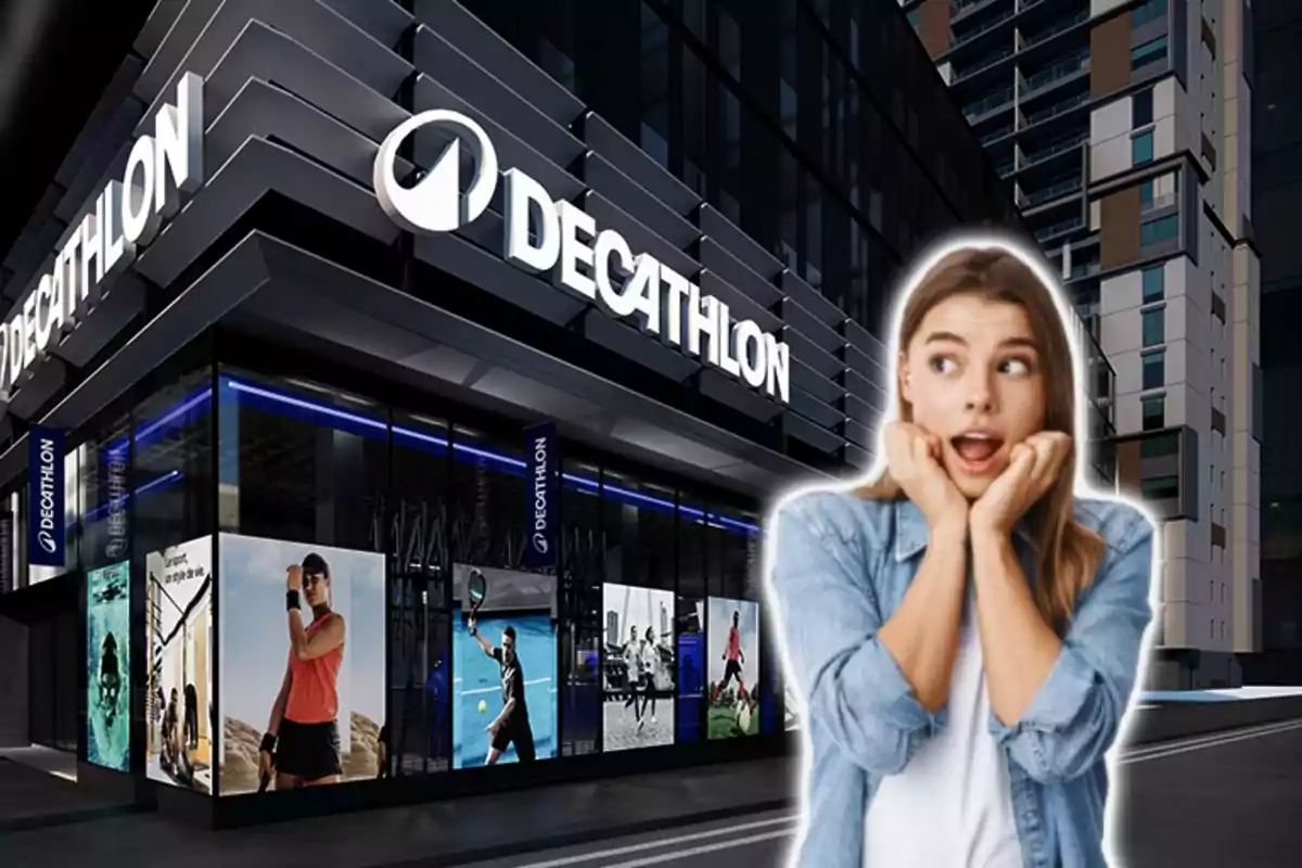 Una mujer sorprendida frente a una tienda de Decathlon iluminada por la noche.