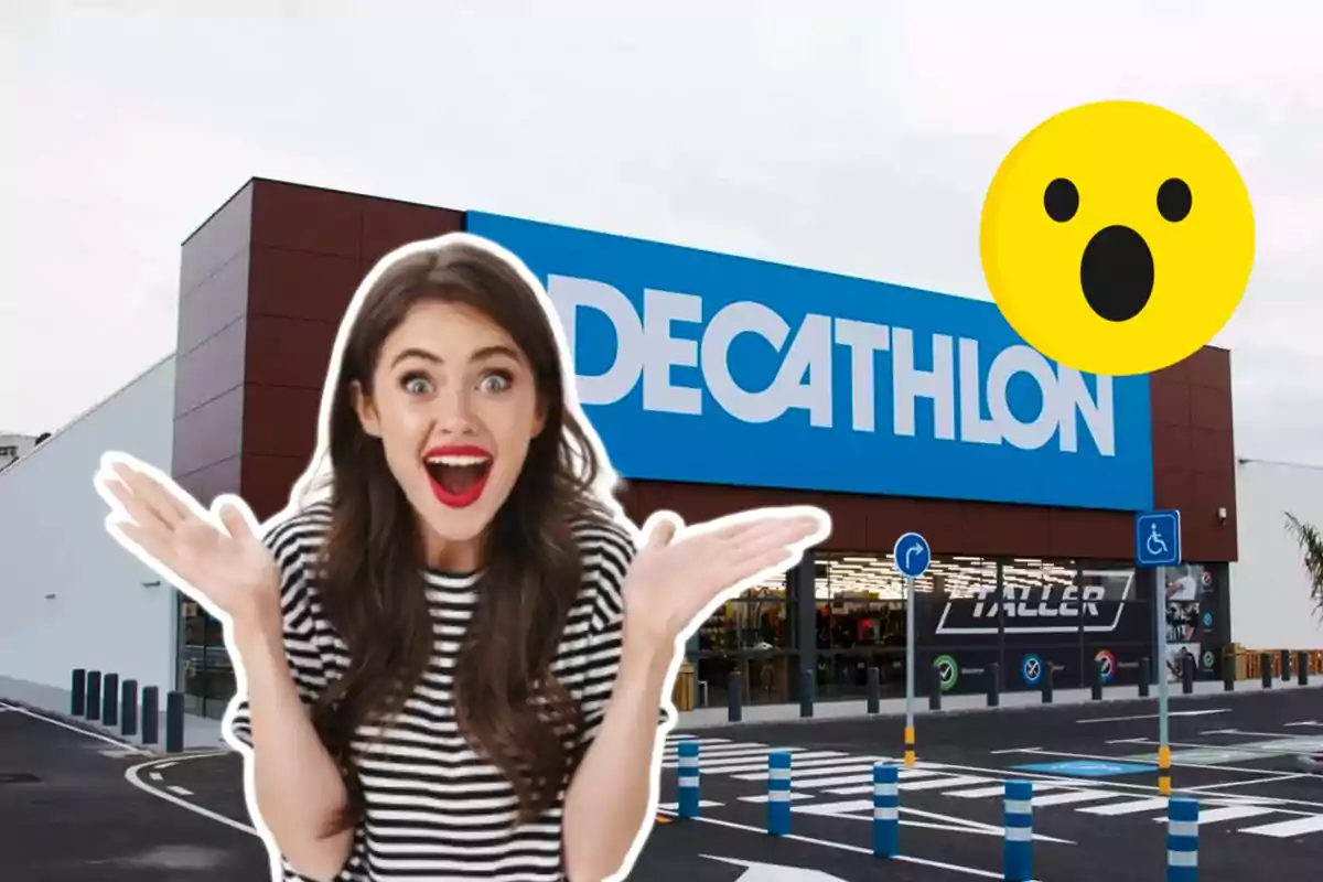 Mujer emocionada frente a una tienda Decathlon con un emoji sorprendido.