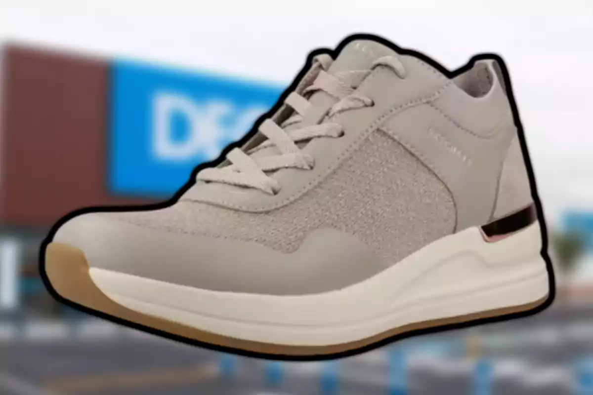 Una zapatilla deportiva beige con suela blanca y detalles en el talón, sobre un fondo desenfocado. Una zapatilla deportiva beige con suela blanca y detalles en el talón, sobre un fondo desenfocado.