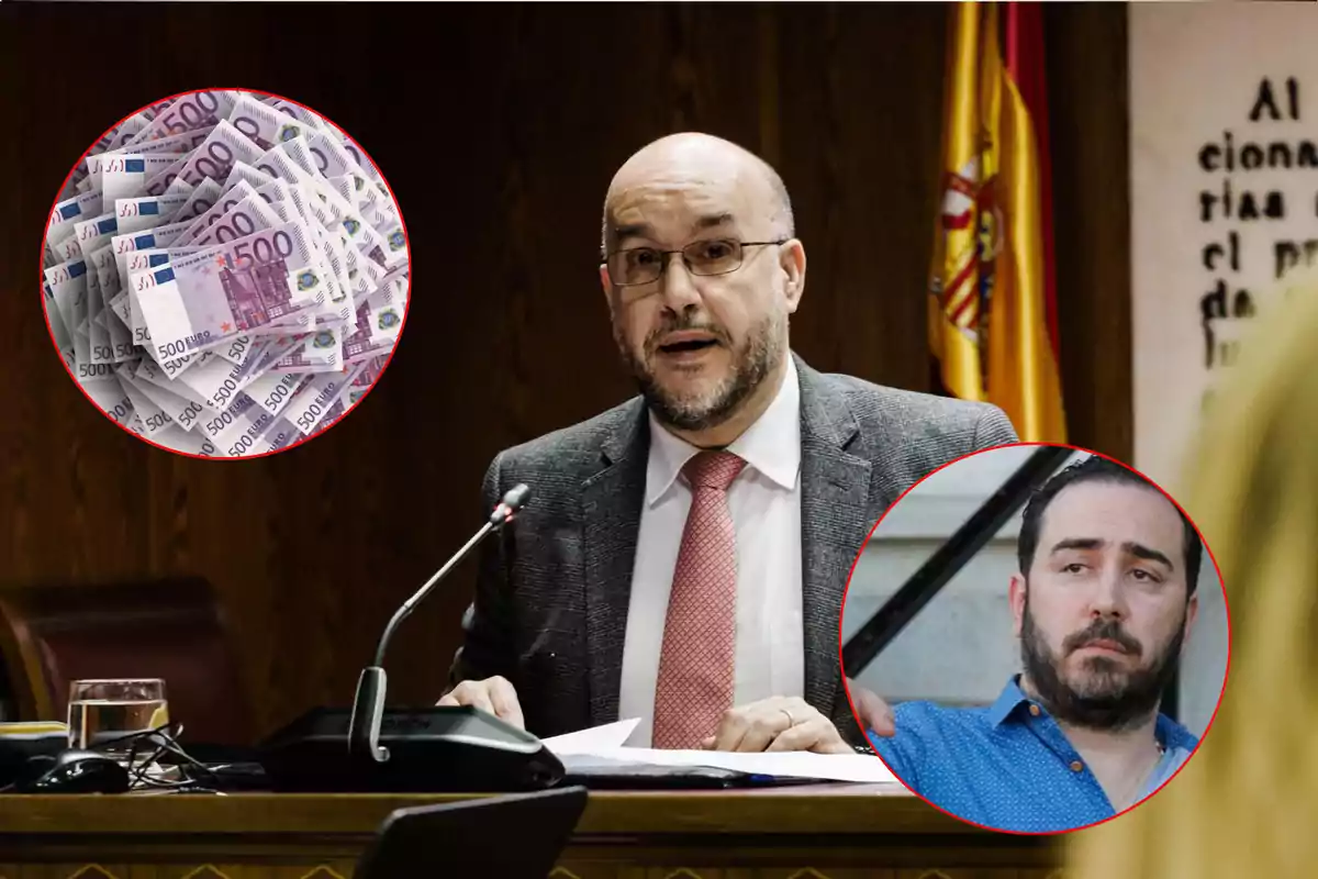 A man with glasses and a suit speaks at a podium, with overlaid images of 500 euro bills and another man in red circles.