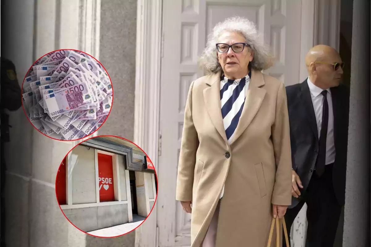 Una mujer con abrigo beige y gafas sale de un edificio acompañada por un hombre calvo con gafas de sol; en la imagen hay dos círculos que muestran billetes de 500 euros y una fachada con el logo del PSOE.