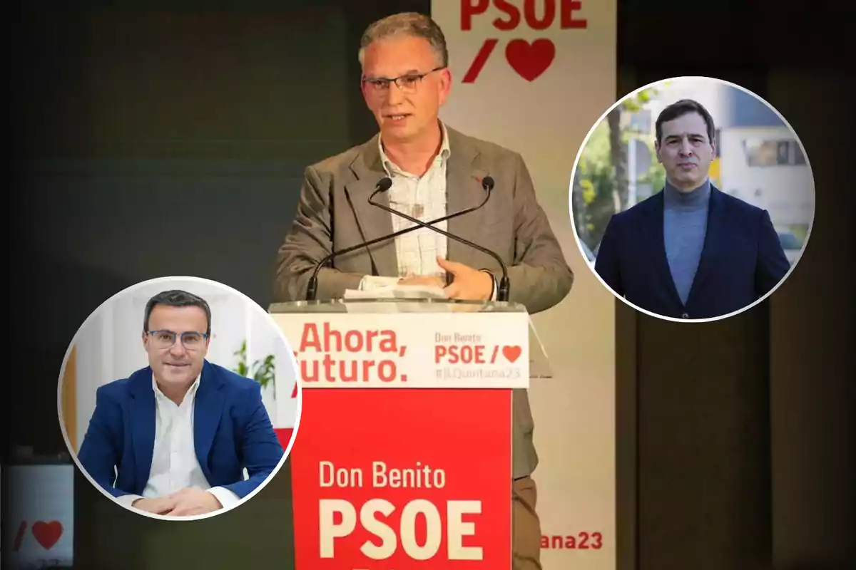 Un hombre hablando en un podio con el logo del PSOE y dos imágenes circulares de otras personas a su alrededor.