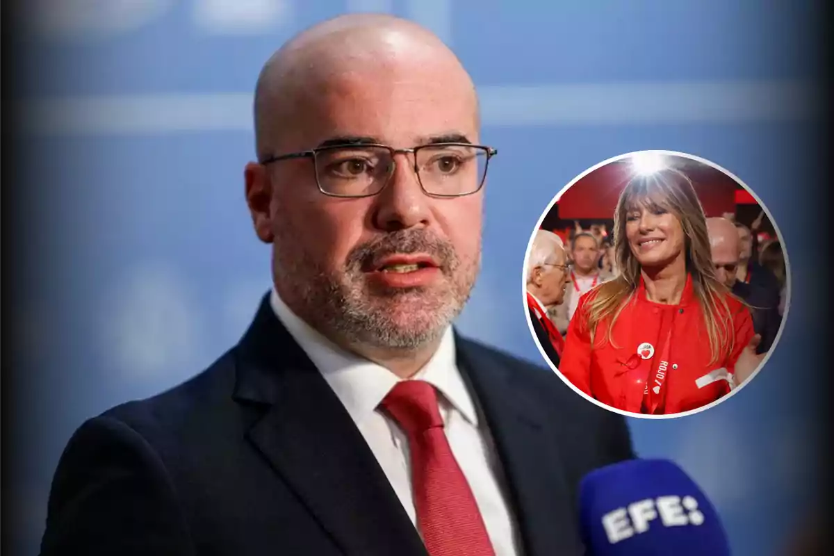 Un hombre con gafas y barba hablando frente a un micrófono con el logo de EFE, con una imagen circular de una mujer sonriendo en el fondo.
