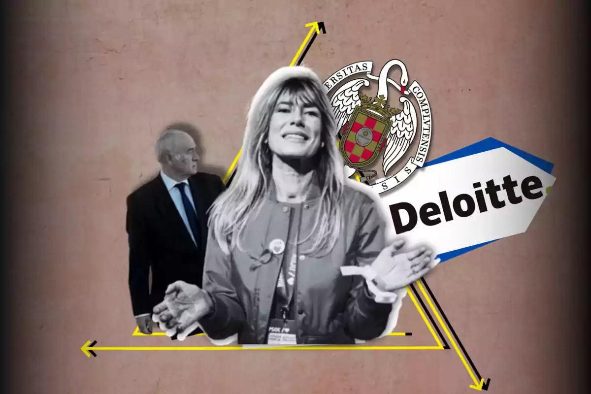 Una mujer sonriente en primer plano con un hombre de traje al fondo, junto a un escudo universitario y el logo de Deloitte sobre un fondo marrón con flechas amarillas.