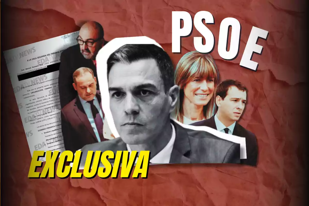 Collage con varias personas sobre un fondo rojo arrugado, con las palabras "PSOE" y "EXCLUSIVA" en letras grandes.