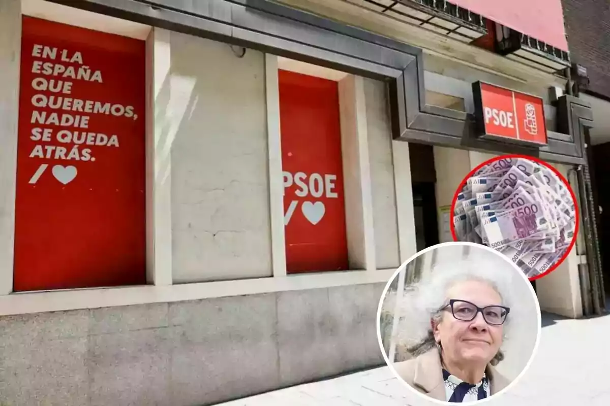 A facade with PSOE posters, a circle with 500-euro bills, and a portrait of an elderly person with glasses.