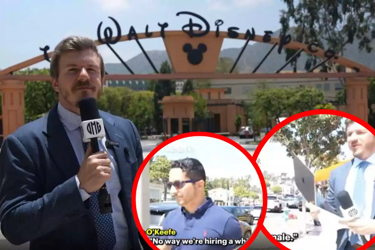 Un reportero con un micrófono de "OMG" está de pie frente a la entrada de Walt Disney Co., con dos imágenes circulares superpuestas en la esquina inferior derecha mostrando a dos hombres en una entrevista.