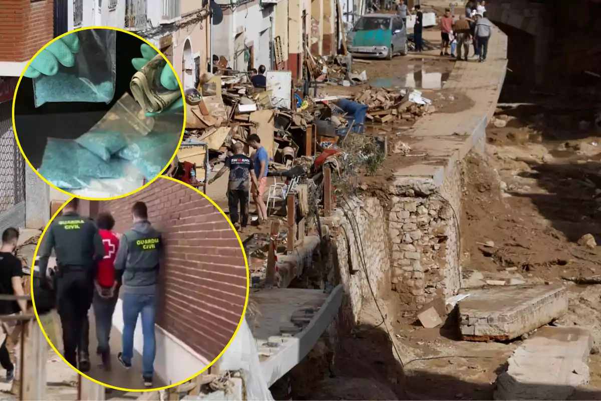 Una calle con escombros y daños tras un desastre natural, con imágenes superpuestas de bolsas con sustancia azul y una detención por parte de la Guardia Civil.