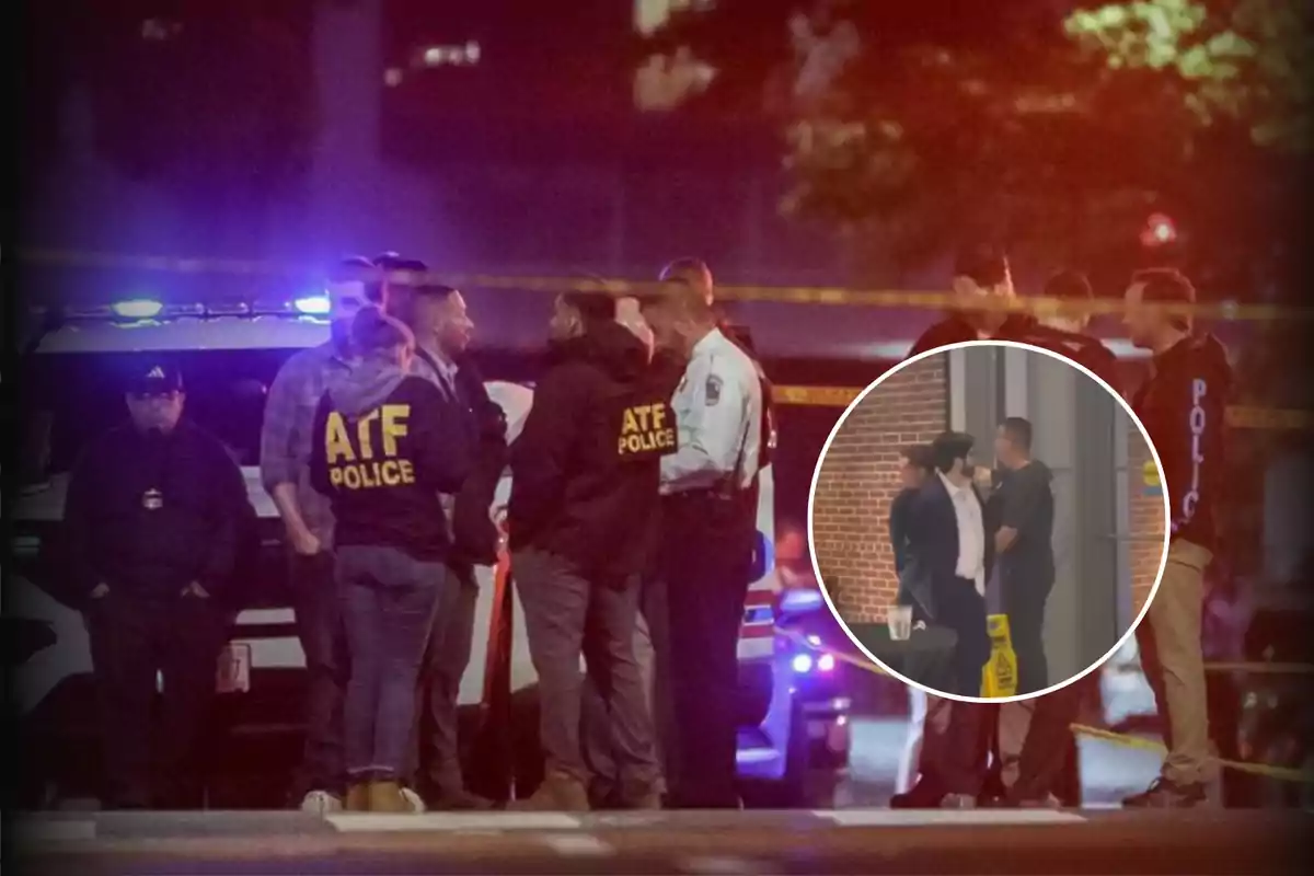 Un grupo de agentes de policía y ATF se encuentra reunido en una escena acordonada por la noche con luces de patrullas encendidas y una imagen insertada muestra a un hombre siendo escoltado por un oficial.