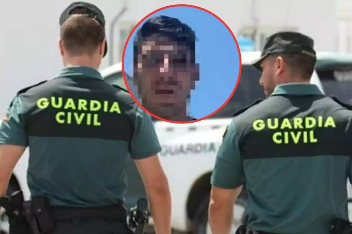 Dos agentes de la Guardia Civil de espaldas con una imagen pixelada de un hombre en un círculo rojo.