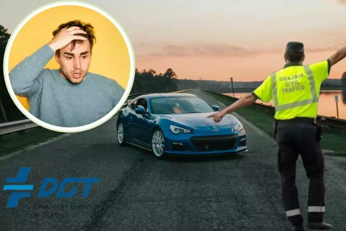 Un hombre con expresión de preocupación en un círculo sobre una imagen de un coche azul detenido por un agente de la Guardia Civil de Tráfico en una carretera, con el logo de la DGT en la esquina.