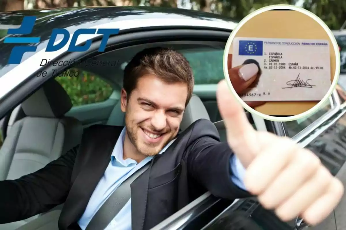 Un hombre sonriente en un coche mostrando su pulgar hacia arriba, con el logo de la Dirección General de Tráfico (DGT) y una imagen insertada de un permiso de conducción español.