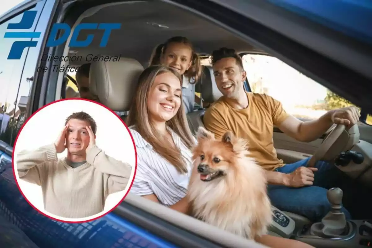 Una familia sonriente con su perro en el coche, con el logo de la Dirección General de Tráfico y la imagen de un hombre estresado en un círculo rojo.