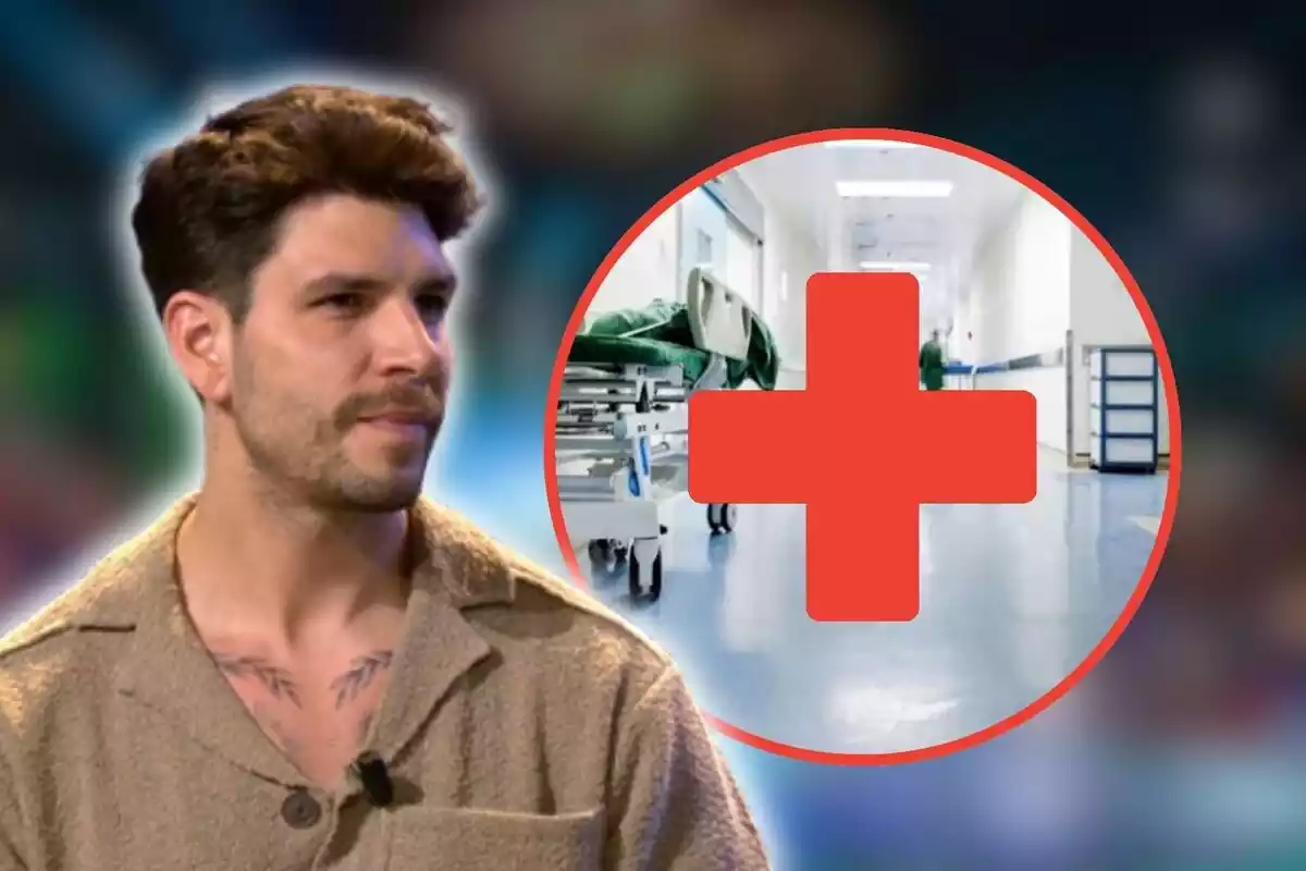 Diego Matamoros con un montaje en forma de circulo de una imagen de un hospital y una cruz roja