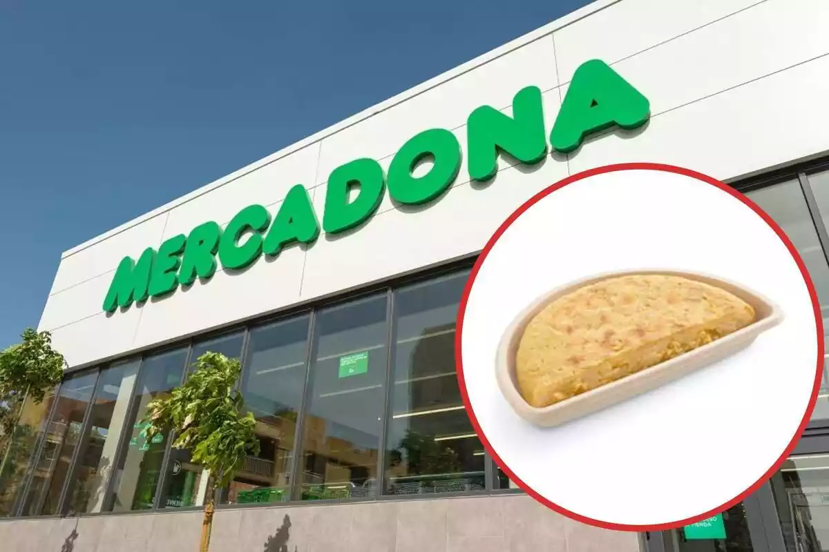 Montaje con fachada de un supermercado de Mercadona y en un círculo su media tortilla con cebolla para llevar