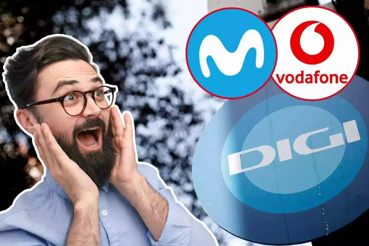 Montaje con una imagen de fondo de una tienda Digi con los logos de Movistar y Vodafone y un hombre sorprendido