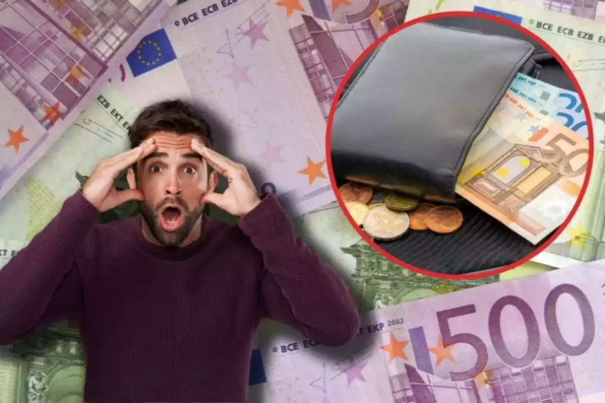 Un fondo de billetes de un euro, con un hombre con las manos en la cabeza y gesto de asombro, y en el círculo una cartera con dinero