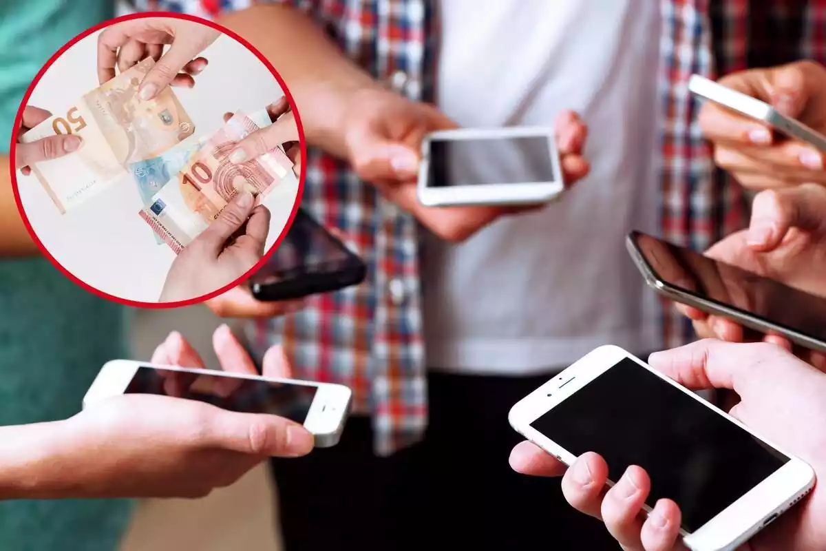 Imagen de fondo de varias personas con un móvil en la mano y otra de personas con billetes de euro en la mano