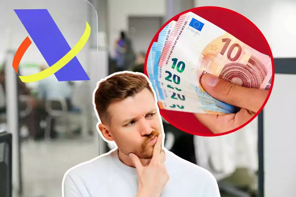 A pensive man with his hand on his chin, in front of a logo of a government entity, with a superimposed image of a hand holding euro banknotes.