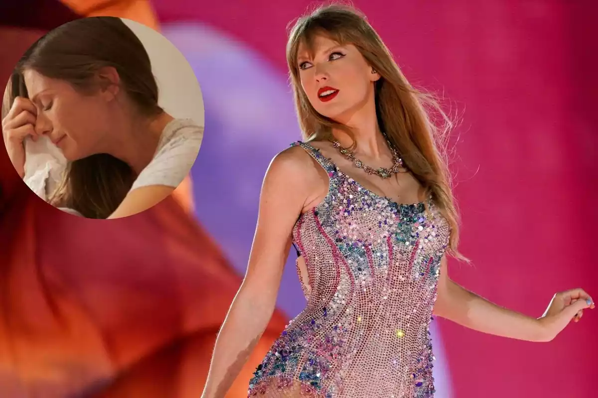 Collage de Taylor Swift con persona llorando