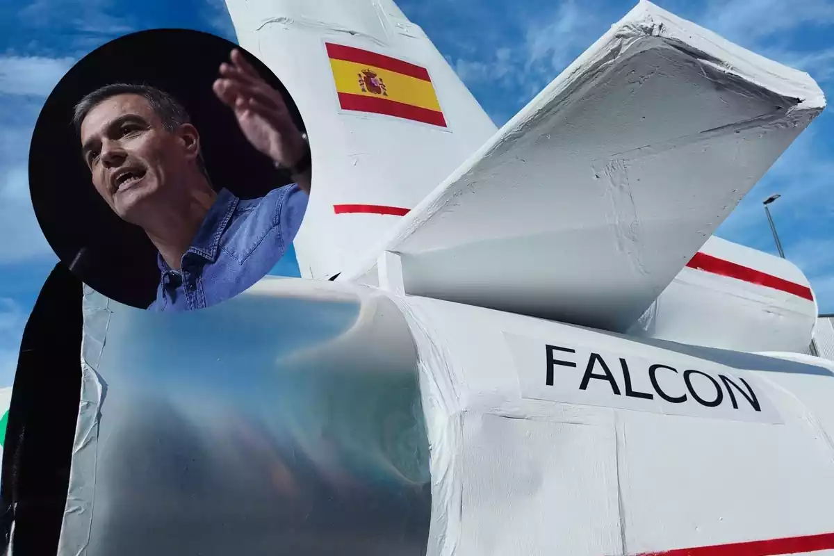 Collage de Pedro Sánchez y el falso Falcon