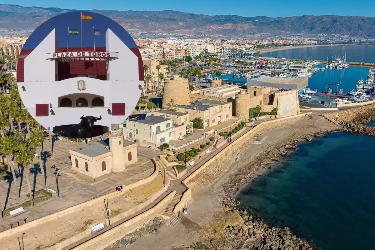 Collage de Roquetas de Mar con la plaza de toros