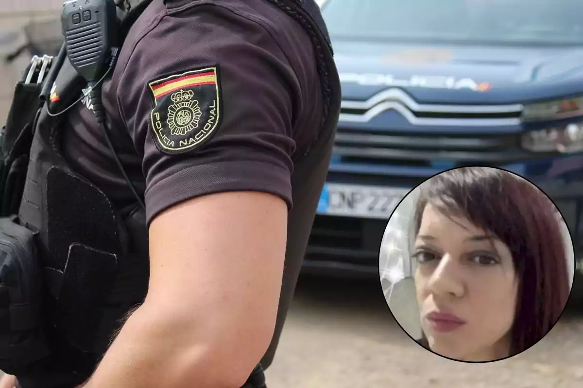 Un agente de la Policía Nacional con un coche patrulla de fondo y una imagen insertada de una mujer.