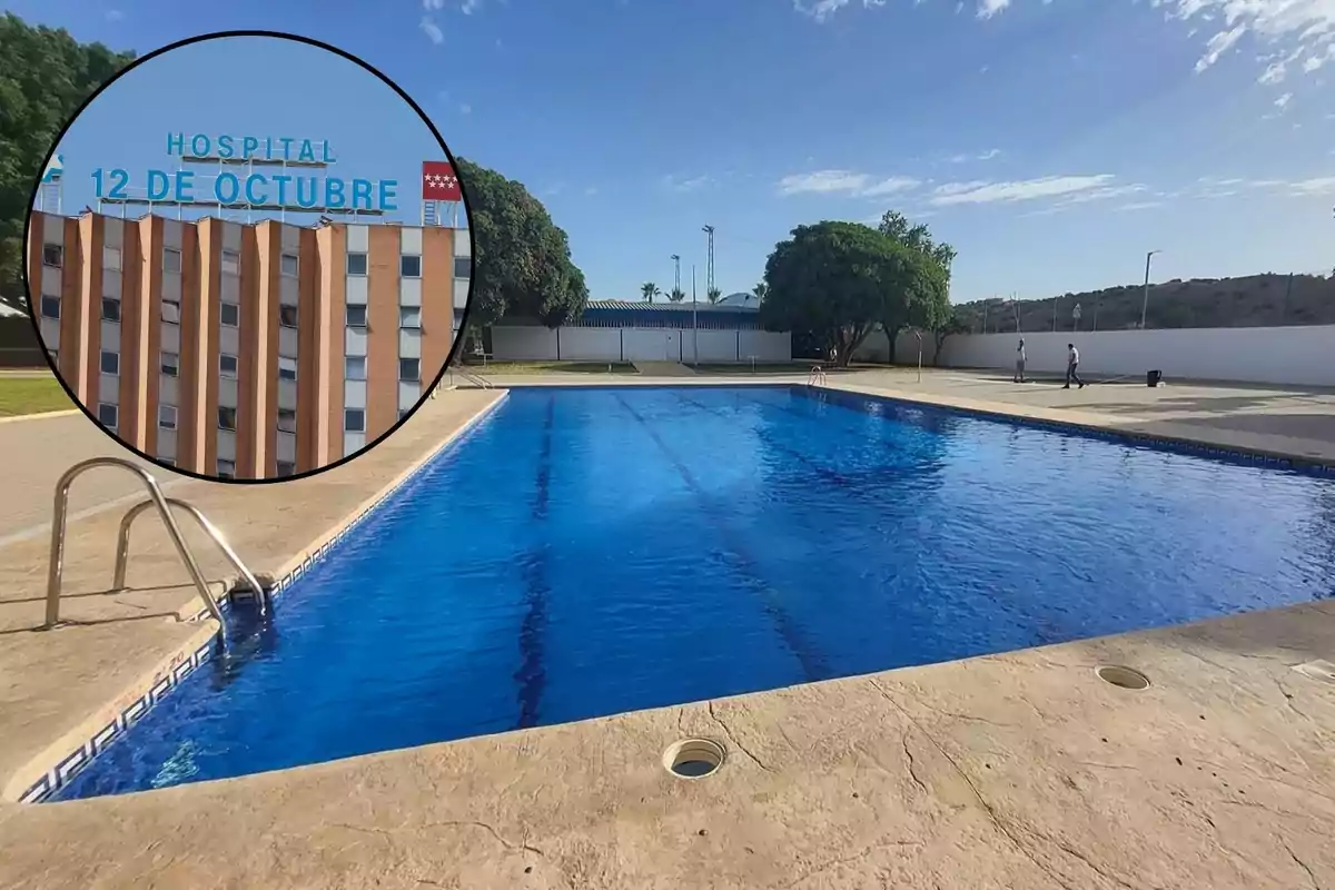 Una piscina al aire libre con agua azul y limpia, con un edificio del Hospital 12 de Octubre en un recuadro en la esquina superior izquierda.