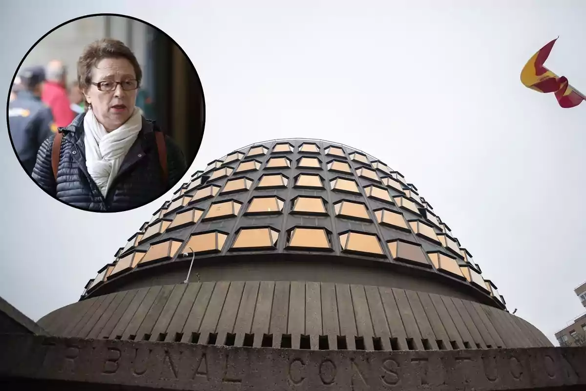 Una mujer con gafas y bufanda blanca aparece en un recuadro circular sobre una imagen del edificio del Tribunal Constitucional.