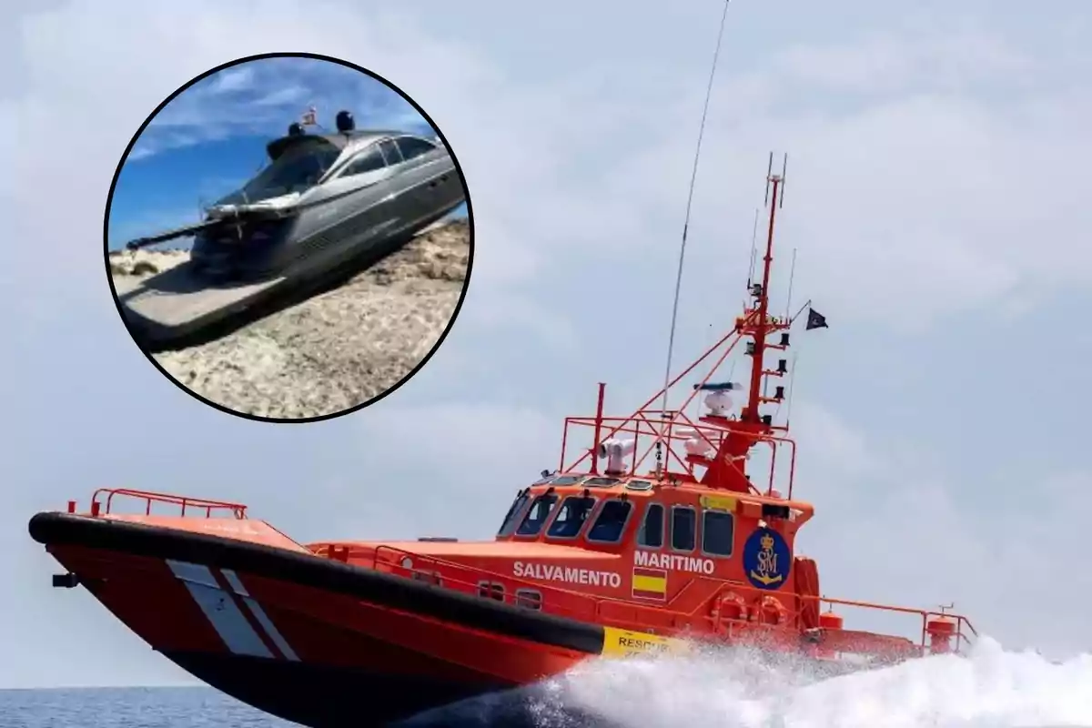 Una embarcación de Salvamento Marítimo navegando a gran velocidad en el mar, con una imagen insertada de un yate varado en la costa.