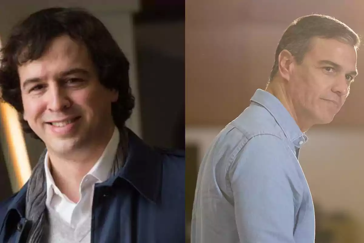 Dos hombres posando para la cámara, uno con cabello rizado y chaqueta oscura a la izquierda y otro con cabello corto y camisa azul a la derecha.