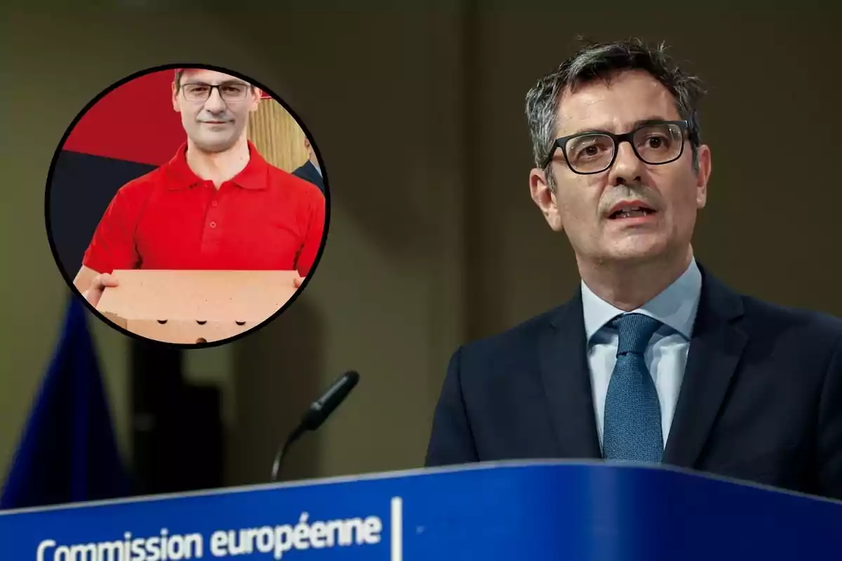 Un hombre con gafas y traje habla en un podio de la Comisión Europea, mientras que en un círculo superpuesto se muestra a otro hombre con gafas y camiseta roja sosteniendo una caja.
