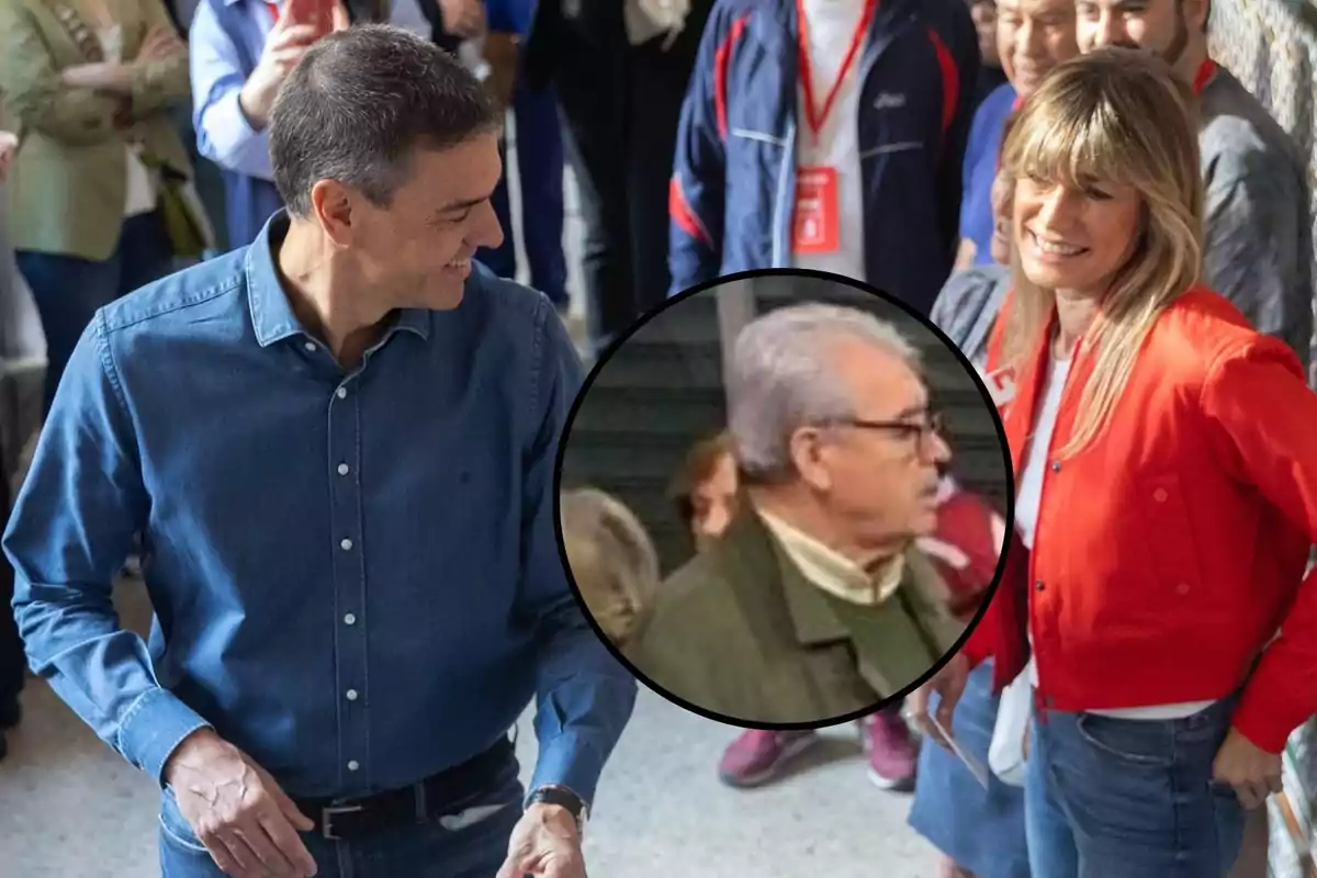 Un hombre con camisa de mezclilla y una mujer con chaqueta roja sonríen mientras están rodeados de personas, con un círculo que resalta a un hombre mayor con gafas y cabello canoso.