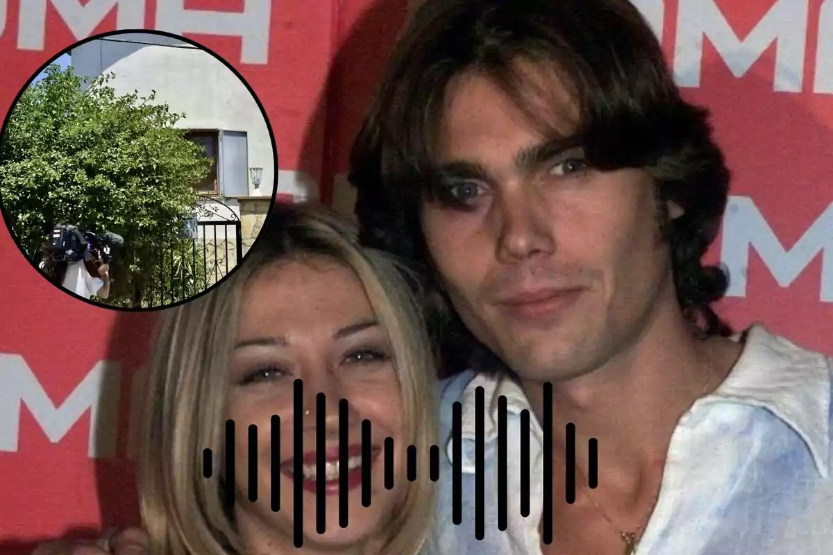 Una pareja posando frente a un fondo rojo con letras blancas, con un recuadro circular en la esquina superior izquierda que muestra una casa con un camarógrafo grabando.