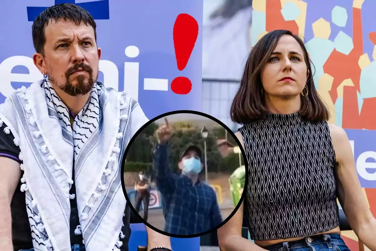 Dos personas sentadas frente a un fondo colorido con un círculo negro en el centro que muestra a una persona con mascarilla levantando la mano.