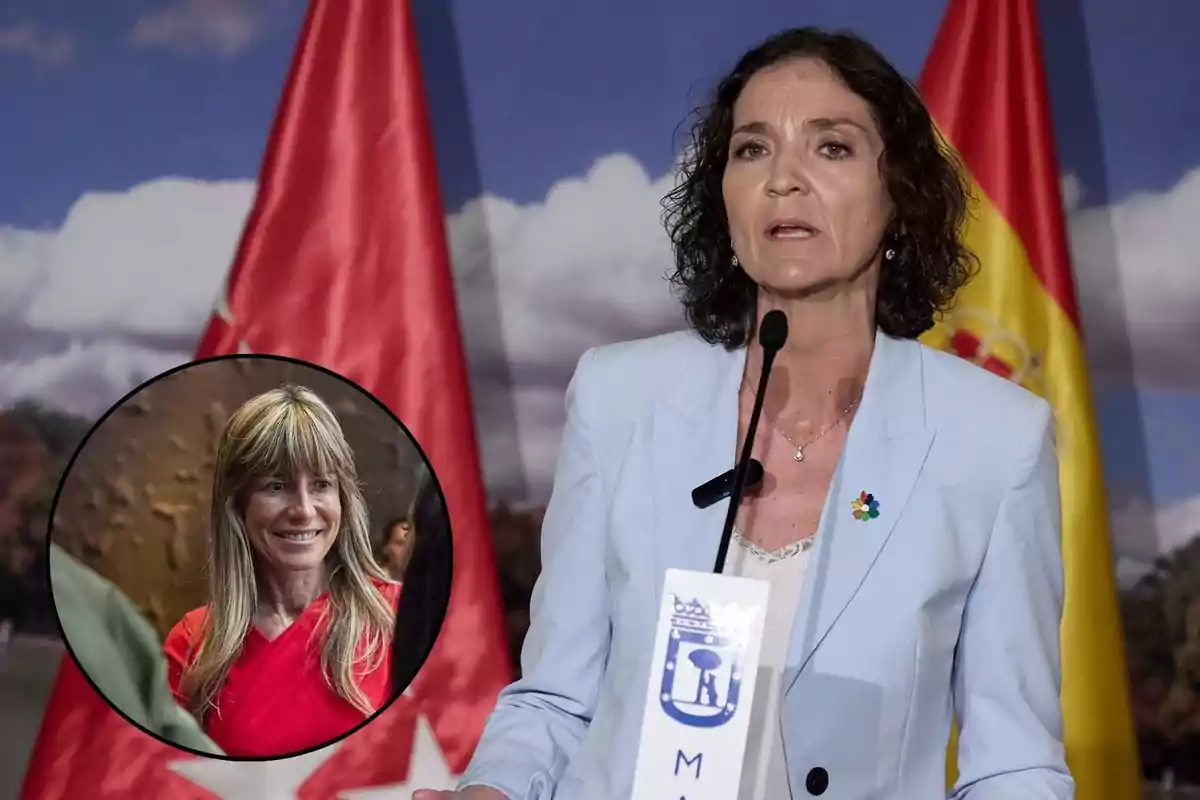 Mujer hablando en un podio con banderas de fondo y un recuadro de otra mujer sonriendo.