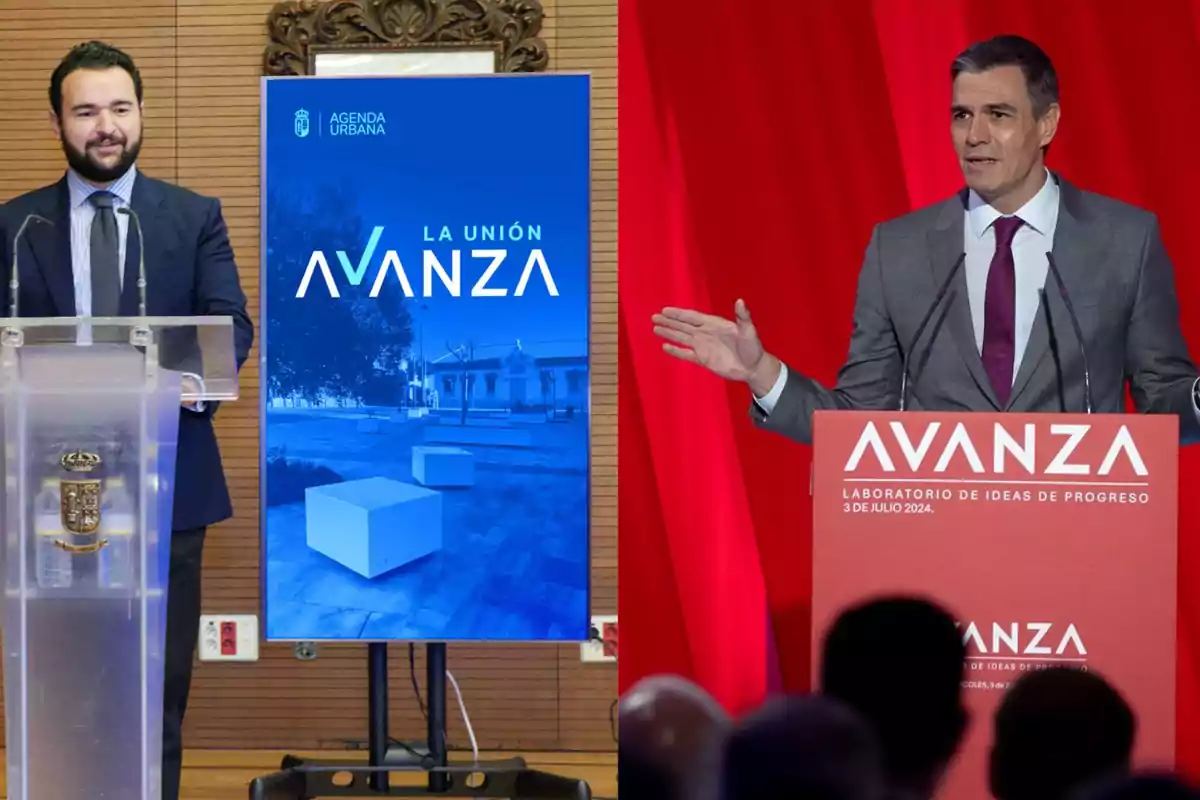 Dos hombres en diferentes podios, uno con un cartel azul que dice "La Unión Avanza" y otro con un cartel rojo que dice "Avanza Laboratorio de Ideas de Progreso 3 de Julio 2024".