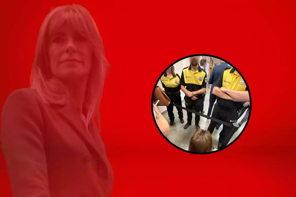 Una mujer con fondo rojo y una imagen circular de policías en uniforme amarillo y negro.