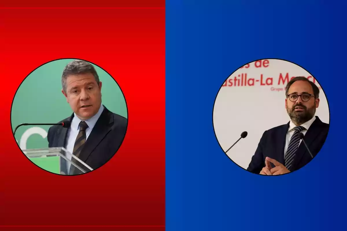 Dos hombres hablando en diferentes podios, uno con fondo rojo y otro con fondo azul.