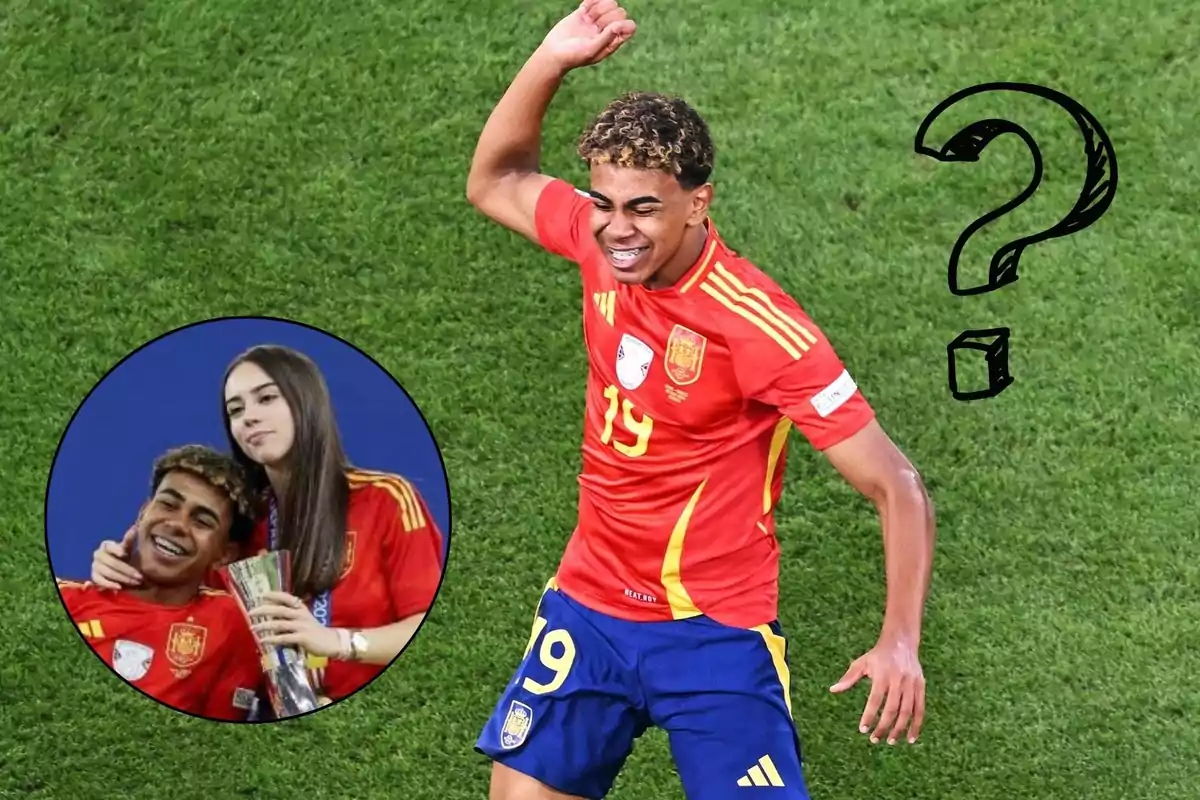 Un jugador de fútbol con el uniforme de la selección española celebra en el campo, mientras en un círculo se muestra una imagen de él junto a una mujer, ambos con la misma camiseta y sosteniendo un trofeo.