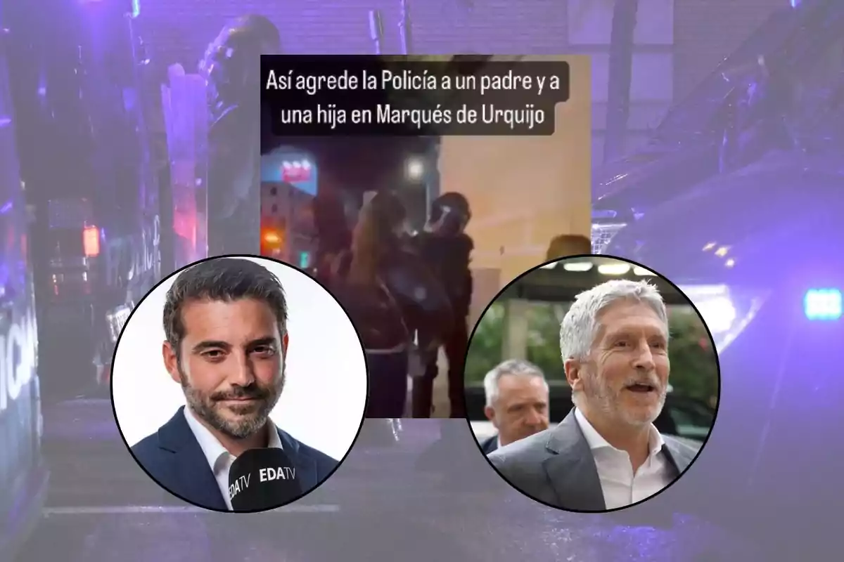 Imagen que muestra una escena de intervención policial con un texto que dice "Así agrede la Policía a un padre y a una hija en Marqués de Urquijo", acompañada de dos retratos de hombres, uno con un micrófono de EDATV y otro con cabello canoso y barba.