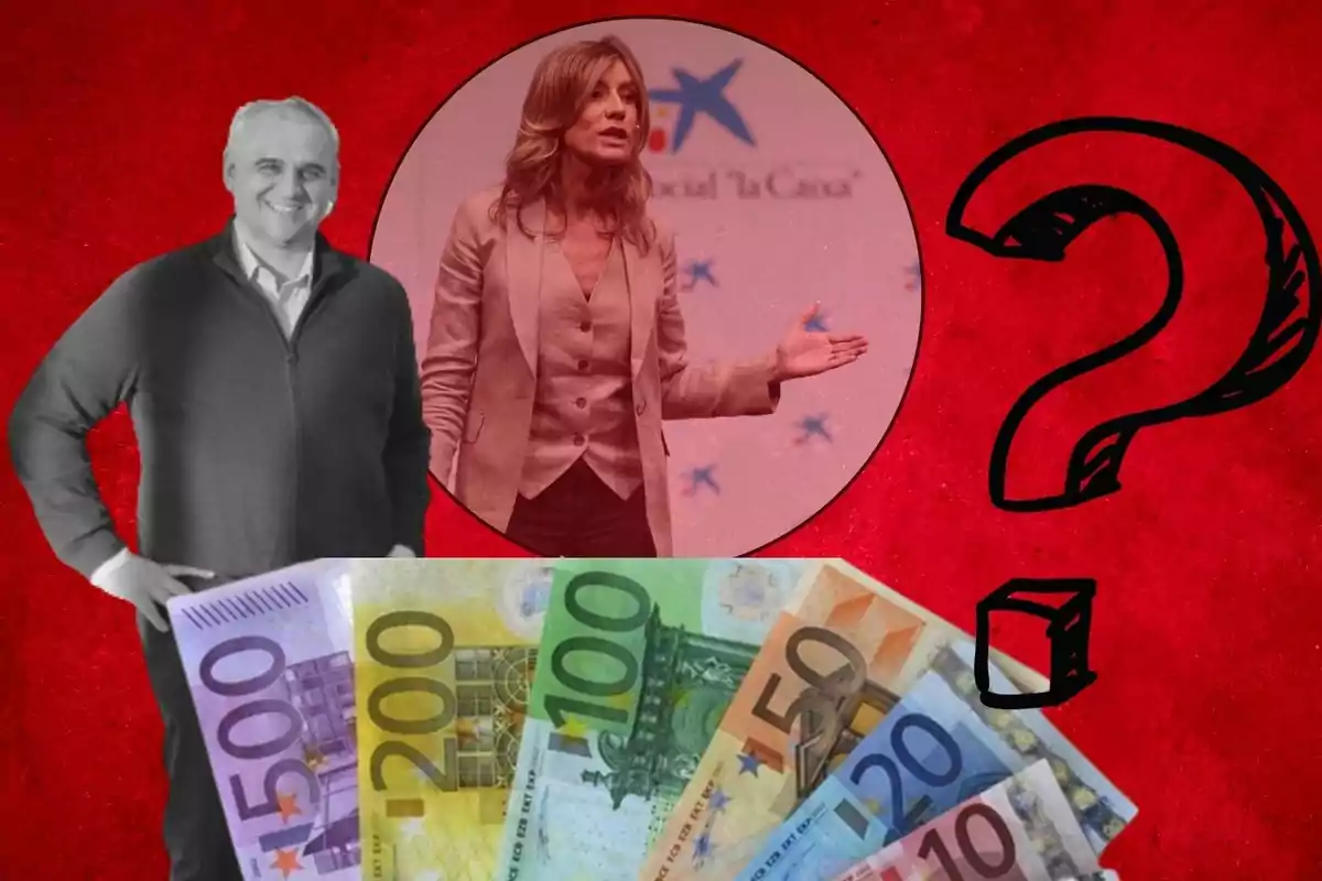 Una imagen con un fondo rojo muestra a un hombre sonriendo, una mujer hablando en un círculo, varios billetes de euro y un signo de interrogación dibujado.