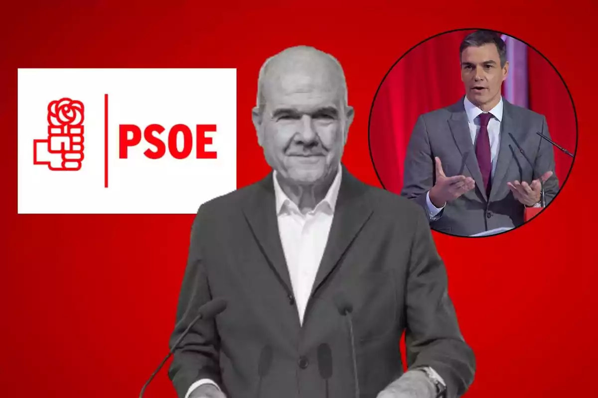 Imagen de dos hombres con el logo del PSOE sobre un fondo rojo.