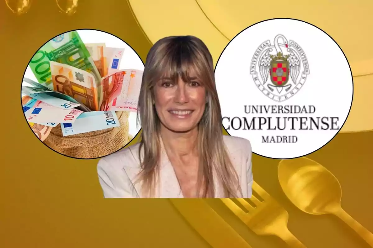 Una mujer sonriente en el centro, con una imagen de billetes de euro a la izquierda y el logo de la Universidad Complutense de Madrid a la derecha, sobre un fondo dorado con utensilios de cocina.