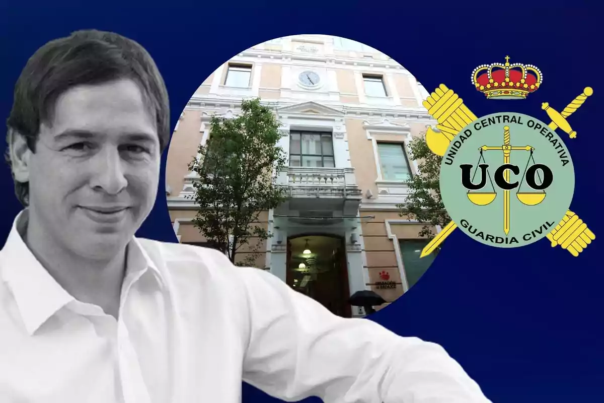 Hombre con camisa blanca frente a un edificio y el logo de la Unidad Central Operativa de la Guardia Civil.